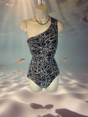 Calvin Klein Black One-Shoulder Swimsuit with White Scribble Print